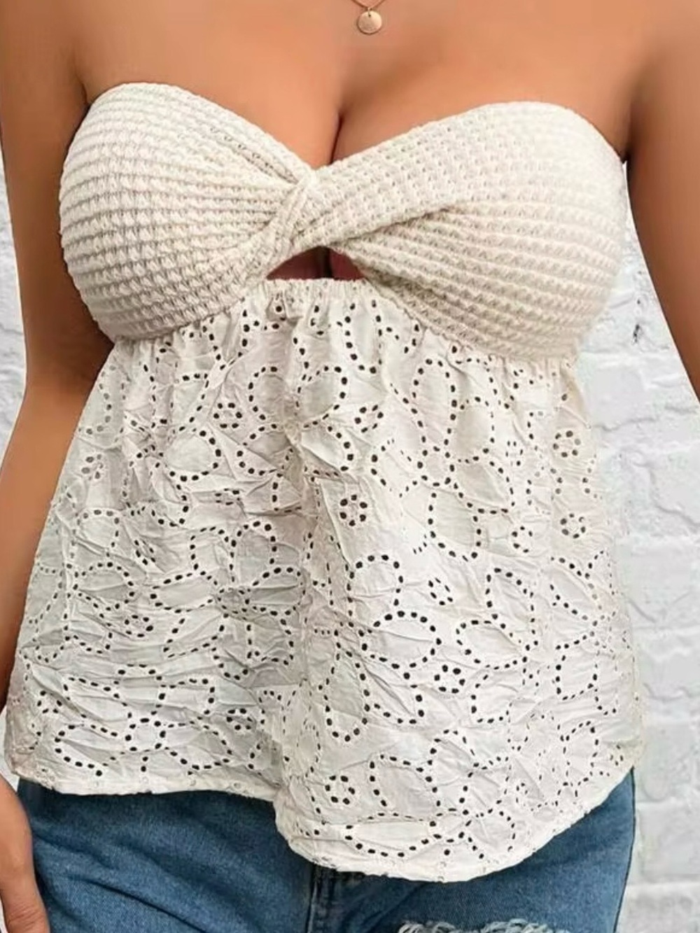 Strapless Peplum Crochet Lace Ivory Eyelet  Babydoll Top